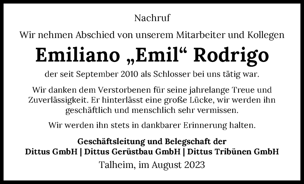  Traueranzeige für Emil Rodrigo vom 12.08.2023 aus GESAMT
