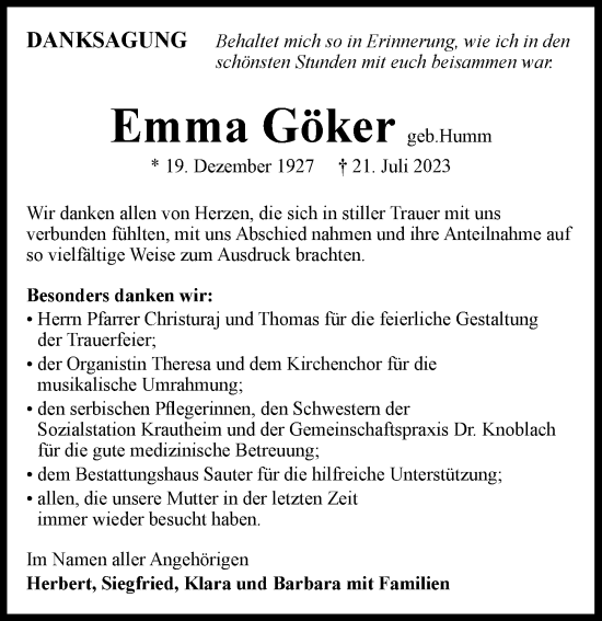 Traueranzeige von Emma Göker von GESAMT