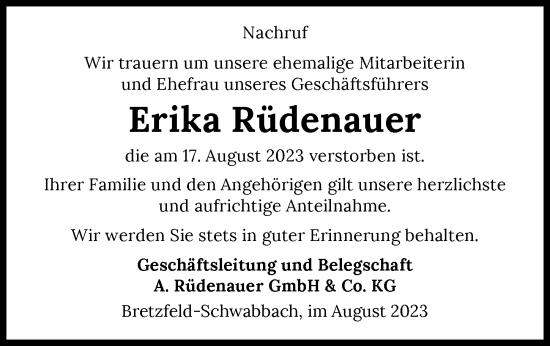 Traueranzeige von Erika Rüdenauer von GESAMT