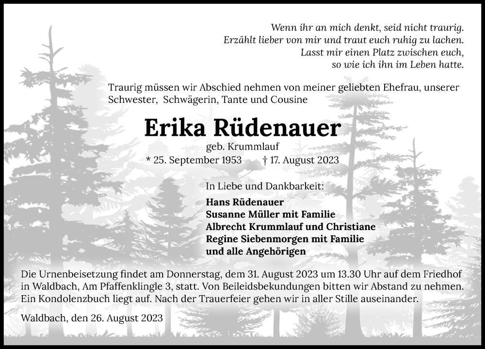  Traueranzeige für Erika Rüdenauer vom 26.08.2023 aus GESAMT
