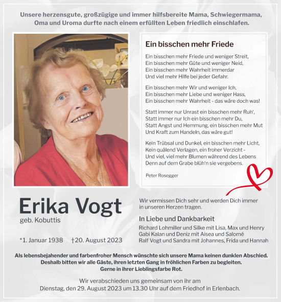 Traueranzeige von Erika Vogt von GESAMT