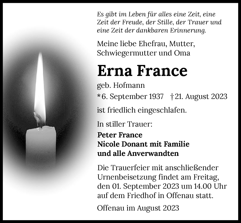  Traueranzeige für Erna France vom 26.08.2023 aus GESAMT