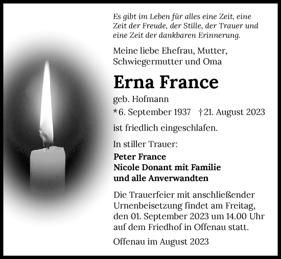 Traueranzeige von Erna France von GESAMT