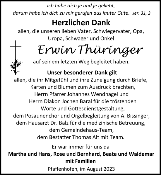 Traueranzeige von Erwin Thüringer von GESAMT