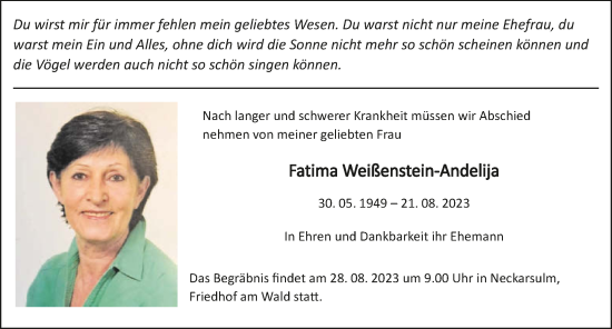 Traueranzeige von Fatima Weißenstein-Andelija von GESAMT