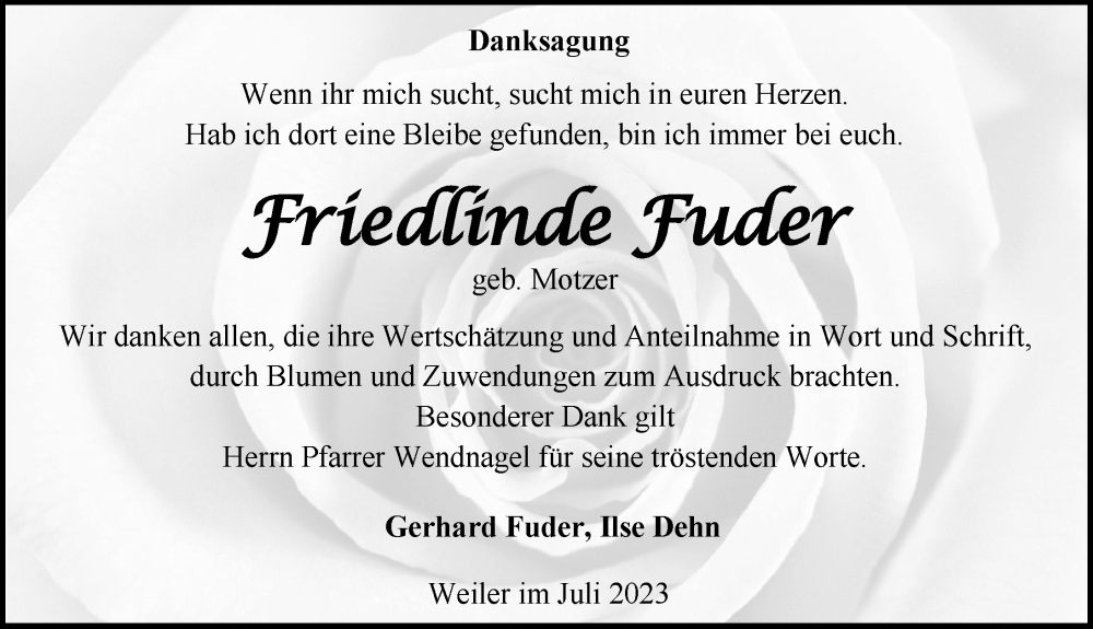  Traueranzeige für Friedlinde Fuder vom 01.08.2023 aus GESAMT