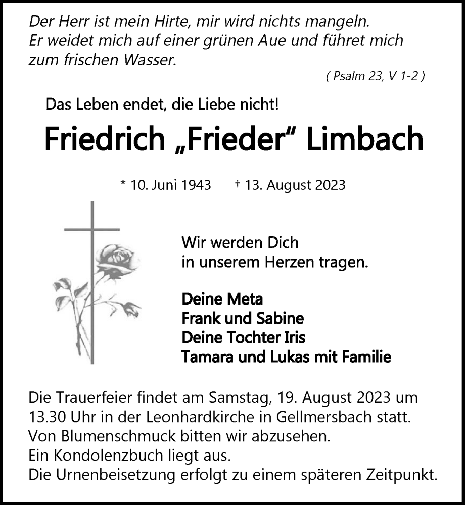  Traueranzeige für Friedrich Limbach vom 17.08.2023 aus GESAMT