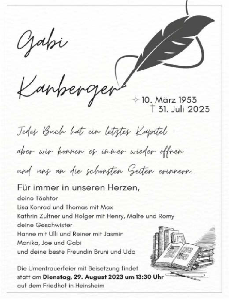  Traueranzeige für Gabi Kanberger vom 19.08.2023 aus GESAMT