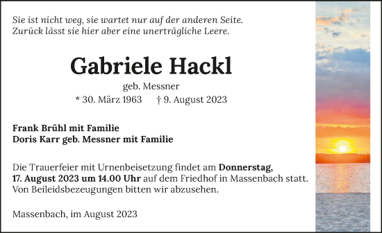 Traueranzeige von Gabriele Hackl von GESAMT