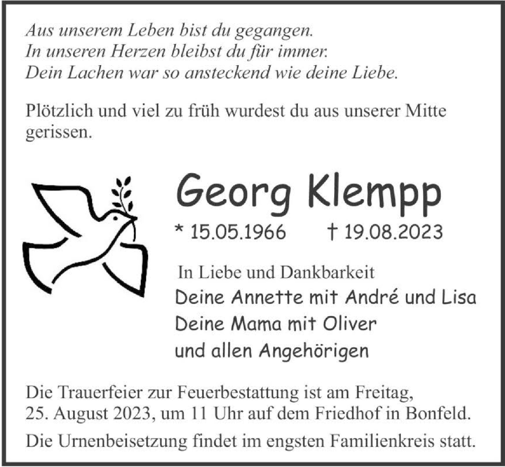  Traueranzeige für Georg Klempp vom 23.08.2023 aus GESAMT