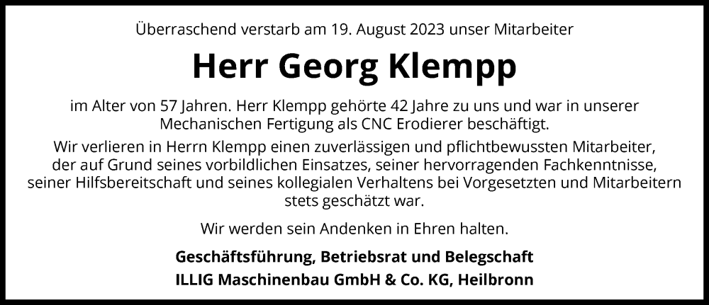  Traueranzeige für Georg Klempp vom 23.08.2023 aus GESAMT