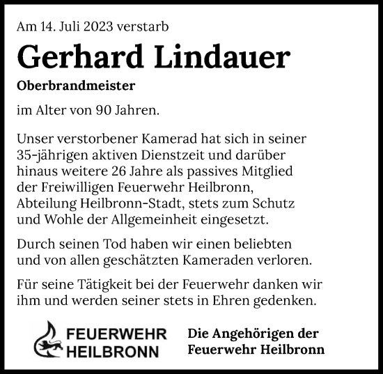Traueranzeige von Gerhard Lindauer von GESAMT