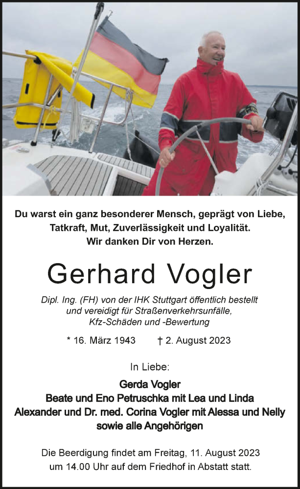  Traueranzeige für Gerhard Vogler vom 05.08.2023 aus GESAMT