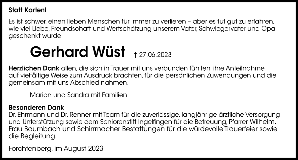  Traueranzeige für Gerhard Wüst vom 08.08.2023 aus GESAMT