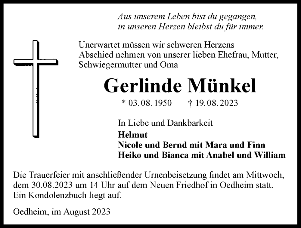  Traueranzeige für Gerlinde Münkel vom 26.08.2023 aus GESAMT