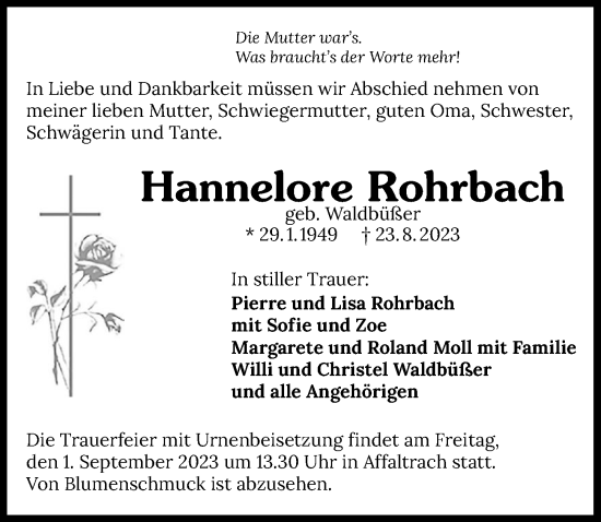 Traueranzeige von Hannelore Rohrbach von GESAMT