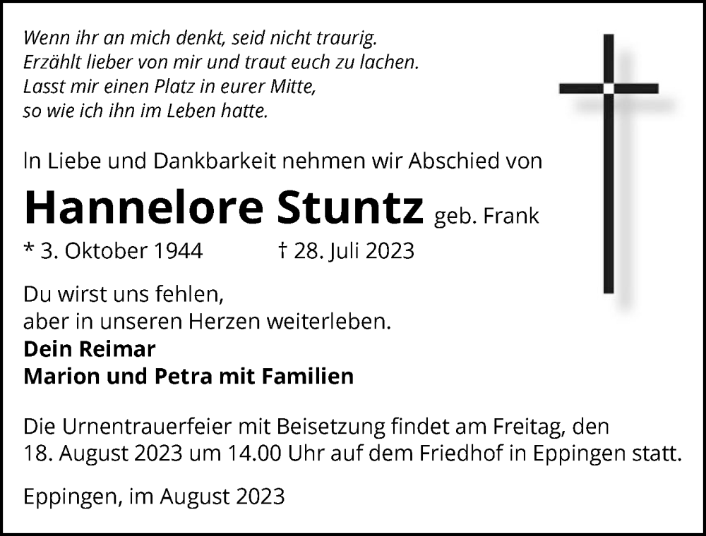  Traueranzeige für Hannelore Stuntz vom 04.08.2023 aus GESAMT