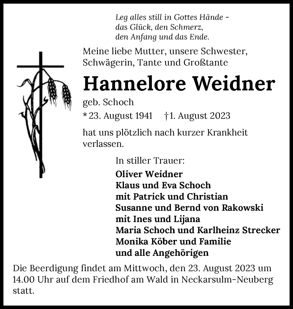 Traueranzeige für Hannelore Weidner vom 22.08.2023 aus GESAMT