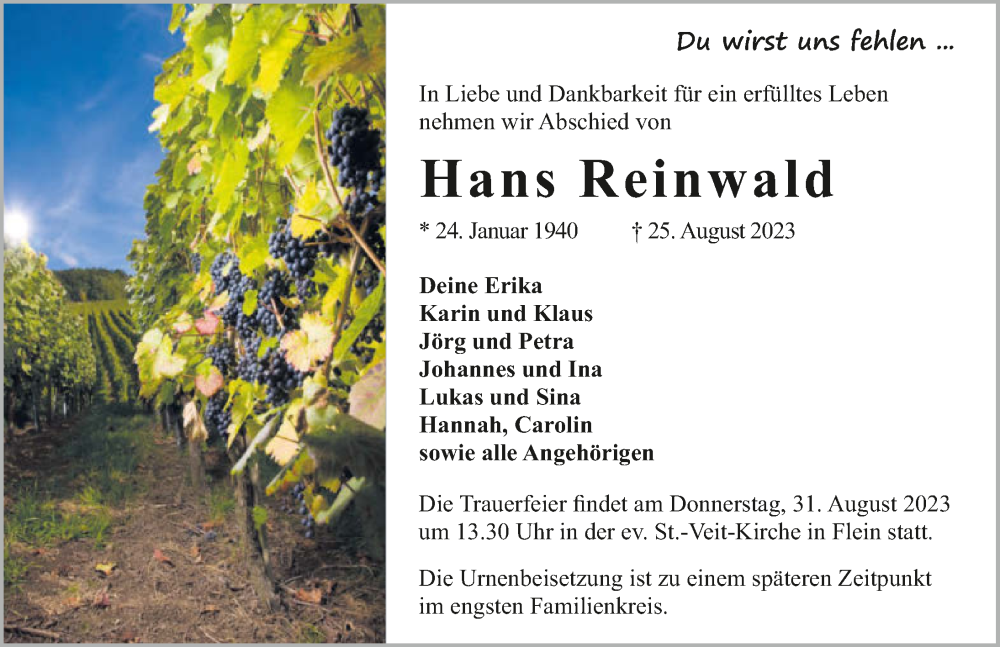  Traueranzeige für Hans Reinwald vom 29.08.2023 aus GESAMT