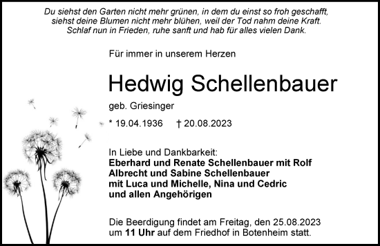 Traueranzeige von Hedwig Schellenbauer von GESAMT