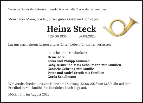 Traueranzeige von Heinz Steck von GESAMT