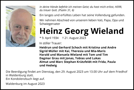 Traueranzeige von Heinz Georg Wieland von GESAMT