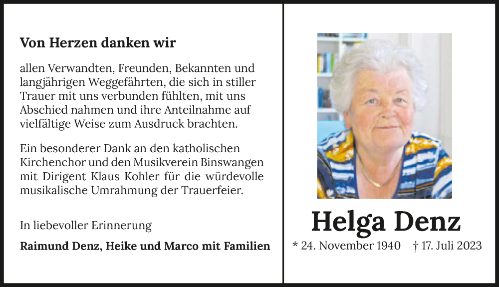  Traueranzeige für Helga Denz vom 05.08.2023 aus GESAMT
