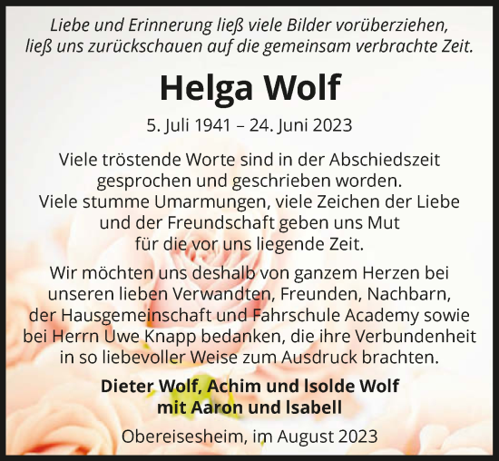 Traueranzeige von Helga Wolf von GESAMT