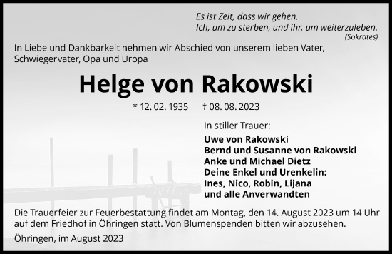 Traueranzeige von Helge von Rakowski von GESAMT