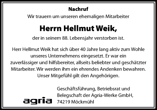 Traueranzeige von Hellmut Weik von GESAMT