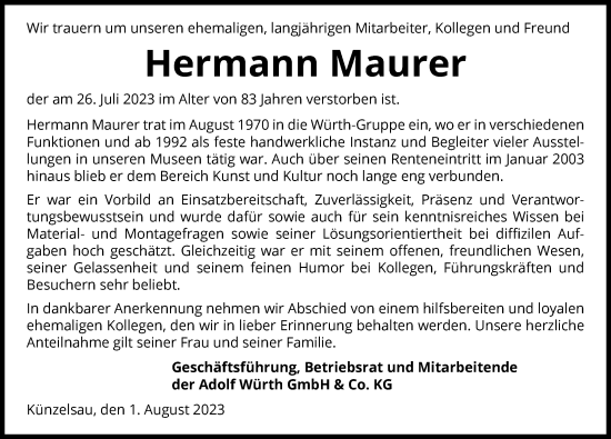 Traueranzeige von Hermann Maurer von GESAMT