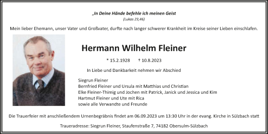 Traueranzeige von Hermann Wilhelm Fleiner von GESAMT
