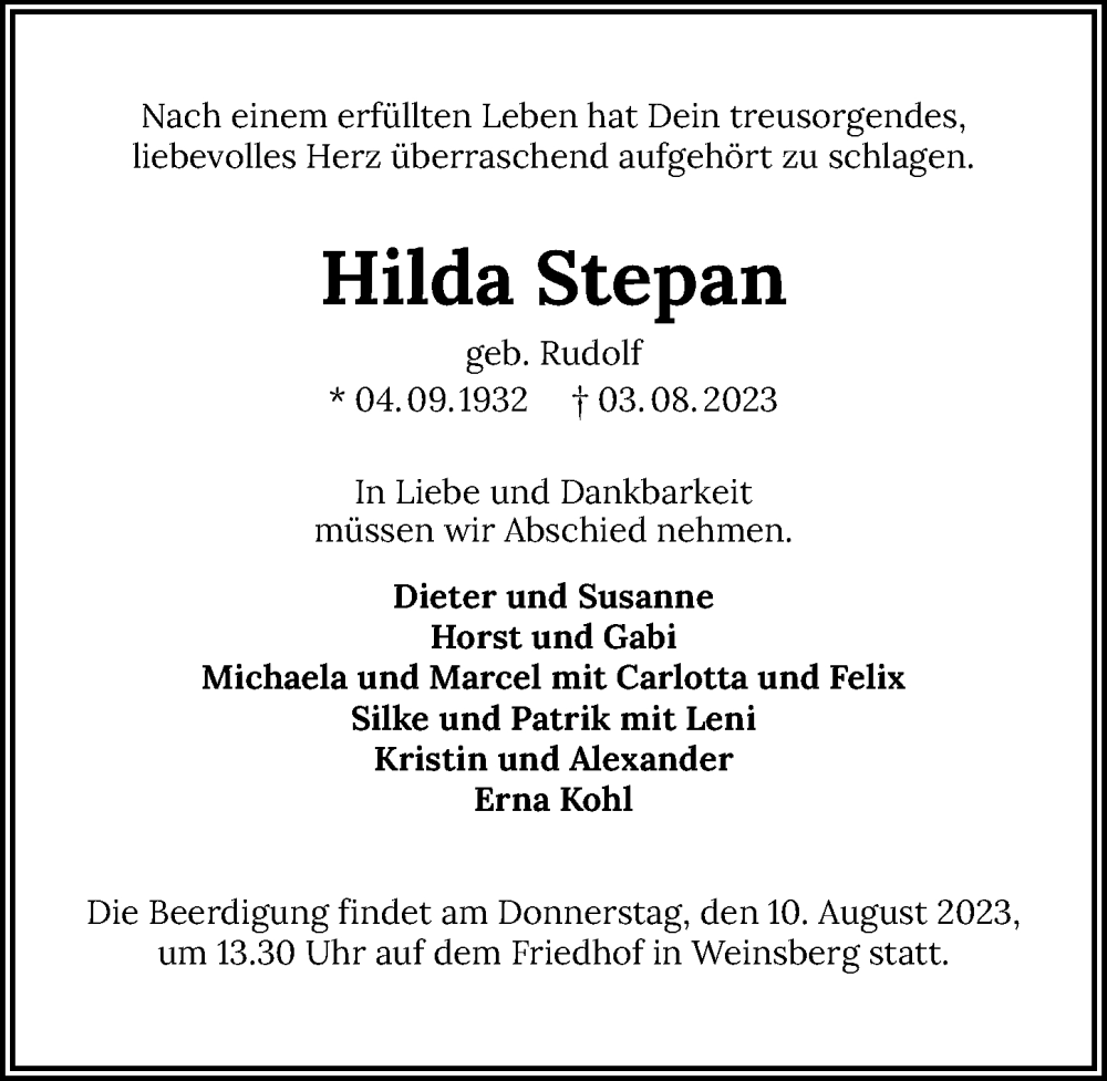  Traueranzeige für Hilda Stepan vom 08.08.2023 aus GESAMT