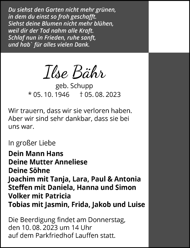  Traueranzeige für Ilse Bähr vom 08.08.2023 aus GESAMT