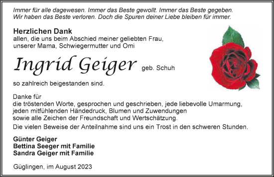 Traueranzeige von Ingrid Geiger von GESAMT