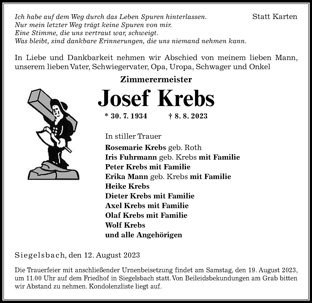  Traueranzeige für Josef Krebs vom 12.08.2023 aus GESAMT