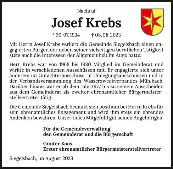 Traueranzeige von Josef Krebs von GESAMT