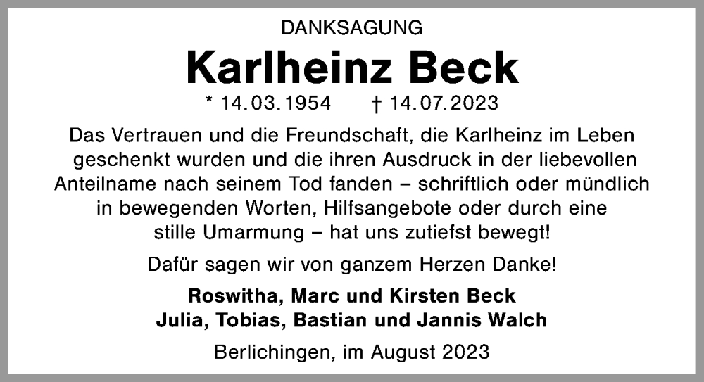  Traueranzeige für Karlheinz Beck vom 15.08.2023 aus GESAMT