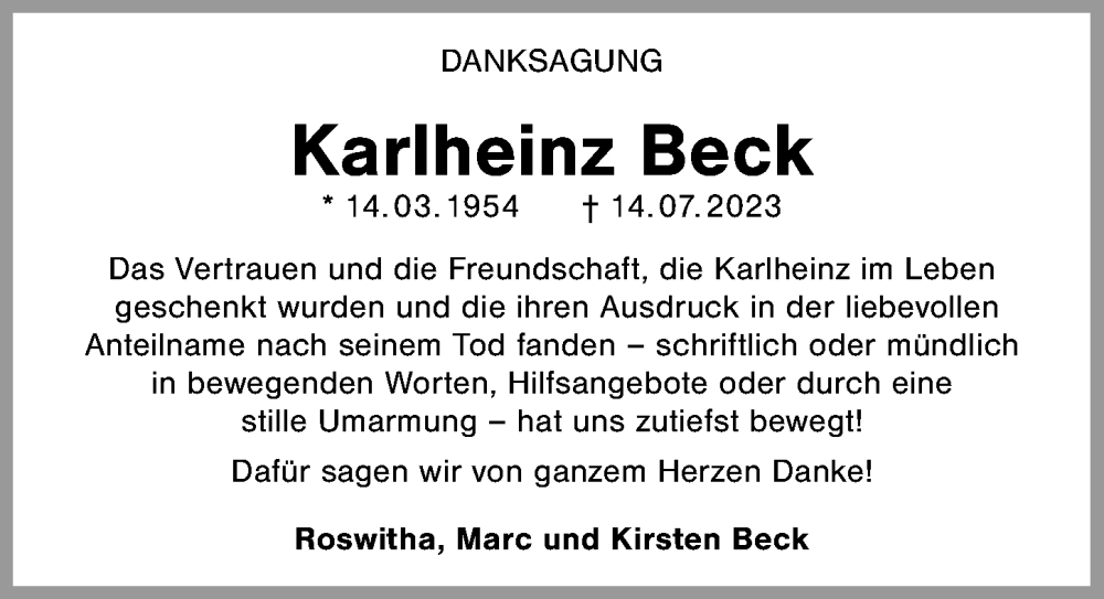  Traueranzeige für Karlheinz Beck vom 12.08.2023 aus GESAMT