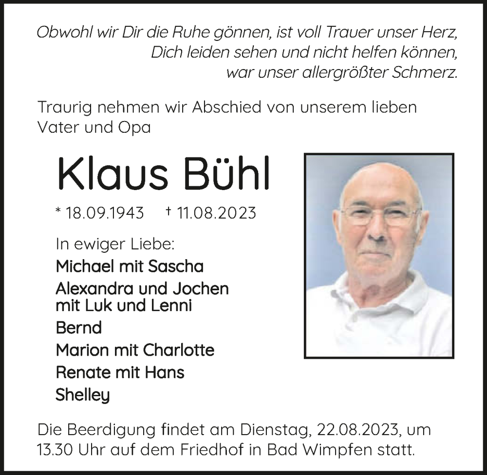  Traueranzeige für Klaus Bühl vom 19.08.2023 aus GESAMT