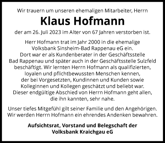 Traueranzeige von Klaus Hofmann von GESAMT