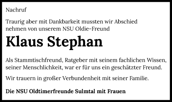 Traueranzeige von Klaus Stephan von GESAMT