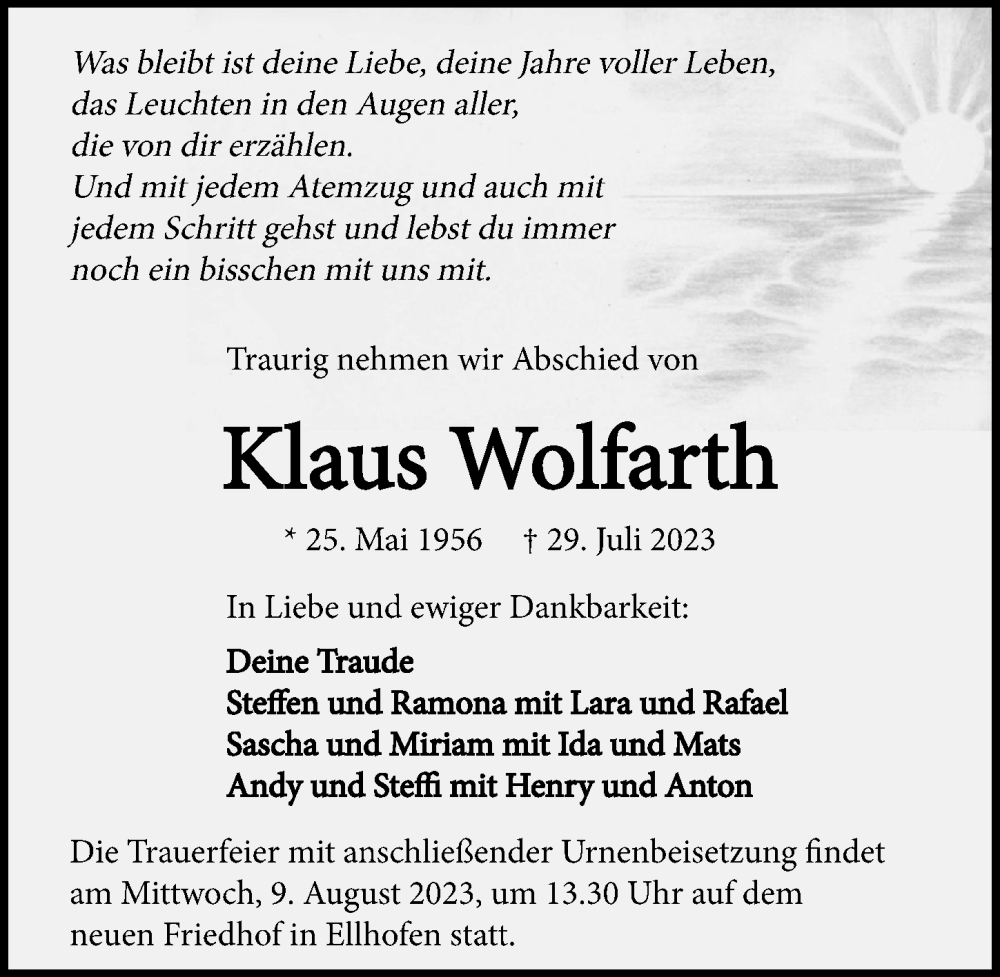  Traueranzeige für Klaus Wolfarth vom 05.08.2023 aus GESAMT