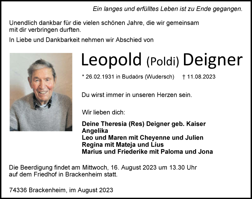  Traueranzeige für Leopold Deigner vom 12.08.2023 aus GESAMT