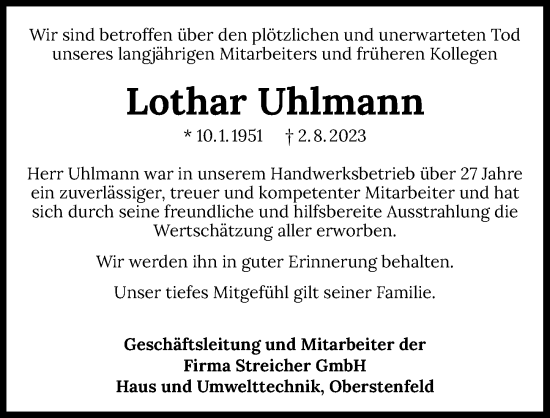 Traueranzeige von Lothar Uhlmann von GESAMT