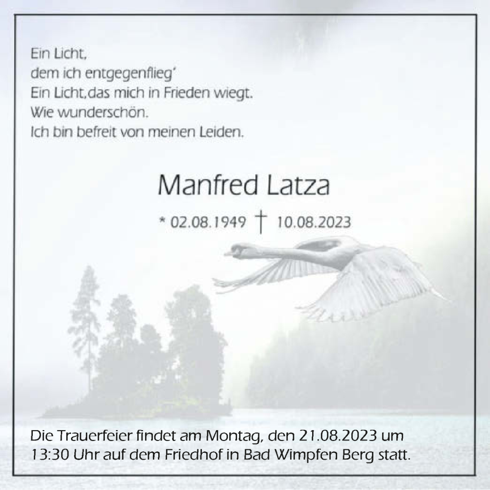  Traueranzeige für Manfred Latza vom 12.08.2023 aus GESAMT