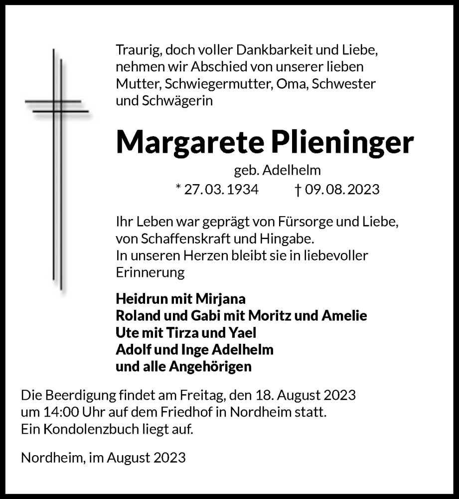 Traueranzeige für Margarete Plieninger vom 16.08.2023 aus GESAMT