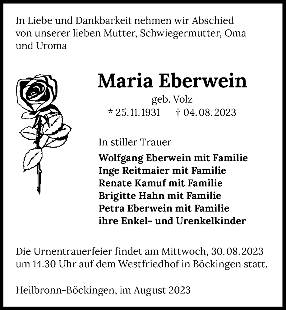  Traueranzeige für Maria Eberwein vom 26.08.2023 aus GESAMT