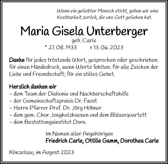 Traueranzeige von Maria Gisela Unterberger von GESAMT
