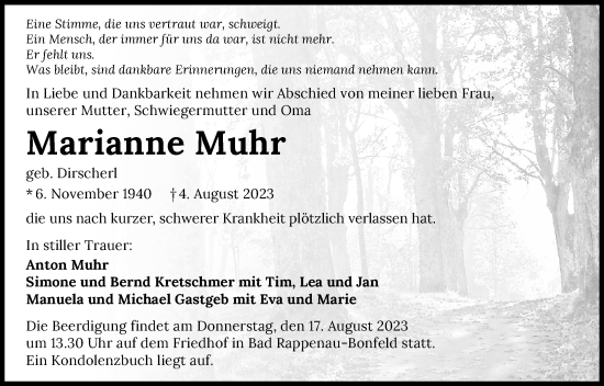 Traueranzeige von Marianne Muhr von GESAMT